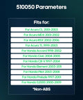 Compatibility list for Acura and Honda models including CL, MDX, RSX, TL, Accord, Civic, CR-V, Element, Pilot, Prelude, S2000. Non-ABS.