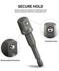 Impact Socket Adapter Set For Drill 1/4 3/8 1/2 Inch with spring-loaded ball bearings and chamfered ends.