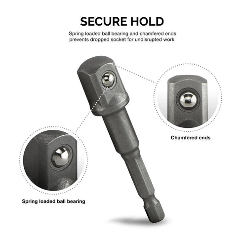 Impact Socket Adapter Set For Drill 1/4 3/8 1/2 Inch with spring-loaded ball bearings and chamfered ends.