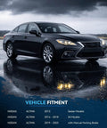 Front view of a black 2013-2025 Nissan Altima sedan on a wet road, compatible with Bolt-On Brake Kit With Front 11.65 Inch Rotors, Rear 11.46 Inch Rotors And Ceramic Pads For 2013-2025 Nissan Altima Sedans Replacement Front And Rear Brake System, Fits Manual Parking Brake Models.