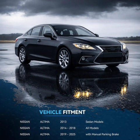 Front view of a black 2013-2025 Nissan Altima sedan on a wet road, compatible with Bolt-On Brake Kit With Front 11.65 Inch Rotors, Rear 11.46 Inch Rotors And Ceramic Pads For 2013-2025 Nissan Altima Sedans Replacement Front And Rear Brake System, Fits Manual Parking Brake Models.