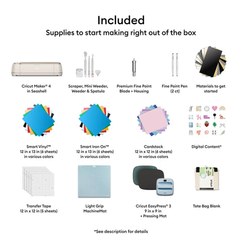 Maker 4 Smart Cutting Machine Engagement Plus Bundle With EasyPress 3 Heat Press 9x9 Mat Tote Bag Materials Samplers Fine Point Pens