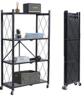 Rock Solid Four Tier Metal Shelving Rack With Smooth Roll Away Casters, Foldable Storage Organizer For Garage Or Kitchen, Heavy Duty Shelf With No Sweat Setup, Black displaying books and decor items on shelves.