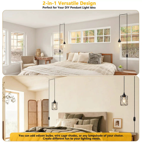 Sleek 15 Foot Plug In Pendant Light With Dimmable Black Metal Shade And Twisted Cord Zero Hassle Hook Up Industrial Ceiling Fixture For Bedroom Kitchen Or Living Room That Brings Pro Level Aesthetic And Hits Different above a cozy bed and bedside table in a bright room.