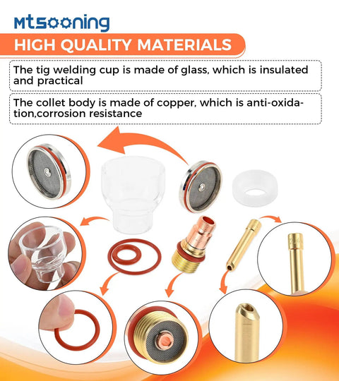 Components of Pro TIG Gas Lens Glass Cup Kit for WP17 WP18 WP26 Torch, including glass cup and copper collet body