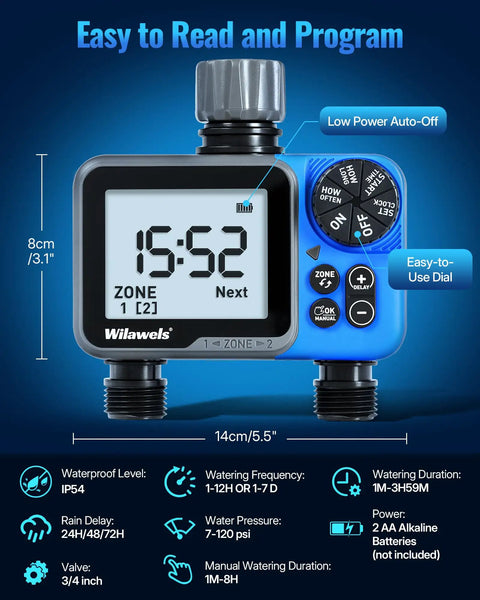 Two Zone Hose Timer With Independent Outlets Rain Delay Manual Watering And Programmable Schedule For Lawn Garden Yard