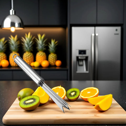 Pineapple Eye Remover Tool With V Shaped Stainless Steel Blade next to sliced fruits on a cutting board