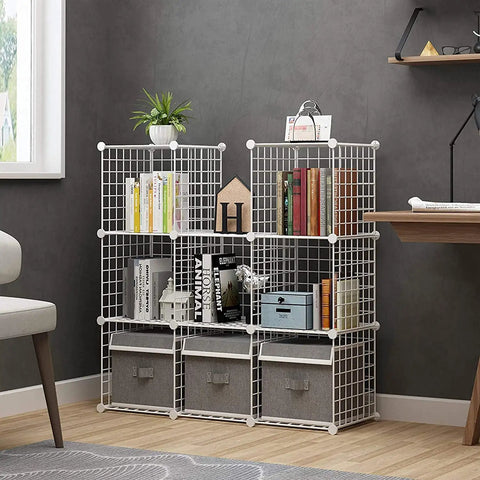 9-Cube Wire Storage Organizer System, Metal Grid Shelving, Modular Bookshelf and Closet Cabinet for Home Office Living Room