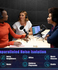 Three women discussing in a studio setting with 52 Pack Heavy Duty Soundproof Foam Panels For Walls High Density Acoustic Tiles.