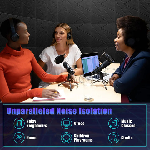 Three women discussing in a studio setting with 52 Pack Heavy Duty Soundproof Foam Panels For Walls High Density Acoustic Tiles.