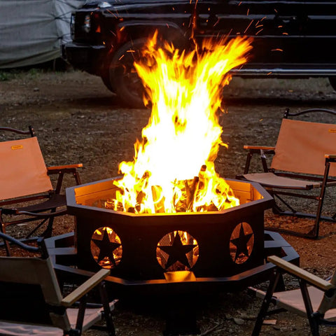 42 Inch Outdoor Fire Pit With Heavy Duty Wood Burning Design, Octagonal Patio Campfire Pit with blazing fire and chairs