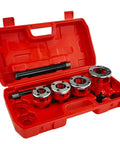 Pro Grade BSPT Pipe Threader Ratchet Kit For Quick, Easy Threading With Four Dies Including Half Inch, Three Quarter Inch, One Inch, And One And One Quarter Inch In Heavy Duty Steel Construction in red case