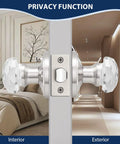 Five Pack Privacy Door Knobs With Clear Glass Handles In Satin Nickel Finish, showing interior view of bedroom setup