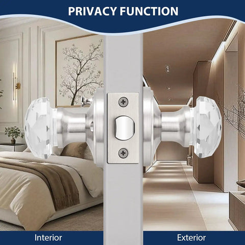 Five Pack Privacy Door Knobs With Clear Glass Handles In Satin Nickel Finish, showing interior view of bedroom setup