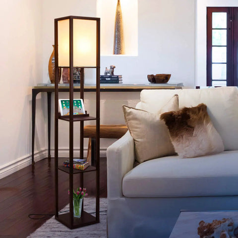 Dope Shelf Floor Lamp With USB Ports And Wireless Charging Pad And Outlets, Corner Storage Shelves, Havana Brown in living room