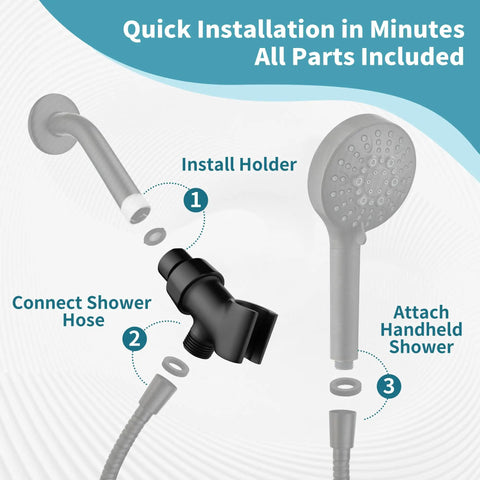 All Metal Handheld Shower Head Holder With Adjustable Shower Arm Mount 360 Degree Rotatable Brass Ball Joint Hose Connector Universal Wall Hook Bracket Matte Black Finish Built For No Fuss Daily Use installed with hose and handheld shower