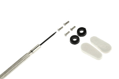 Emergency Eyeglass Repair Kit With Precision Screwdriver, Replacement Screws, Nose Pads And Grommets in white background view.