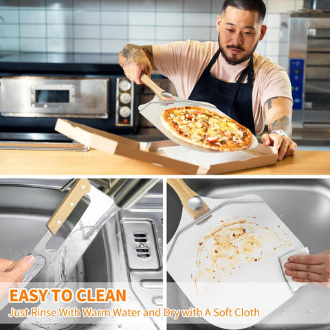 ALLTOP metal pizza peel and cutter set: 12x14 in aluminum paddle with wood handle; includes four 14 in rockers, 2 packs.