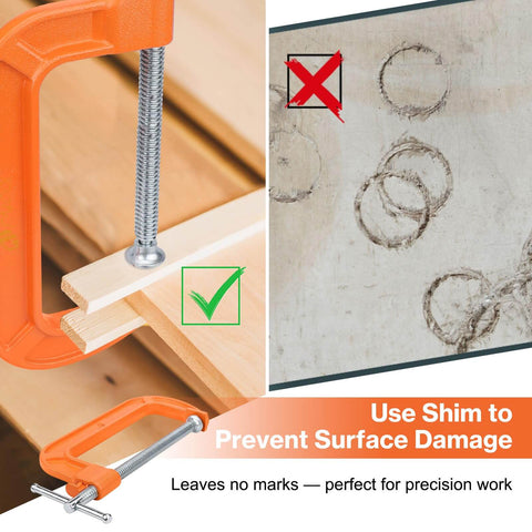 6 Inch Quick Release C Clamp With Button used with shims to prevent surface damage during woodworking projects