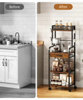 Before and after image of Top Shelf Five Tier Coffee Station Cart With Slick Rolling Wheels And Ample Cabinet Space Plus Sturdy Mounts.