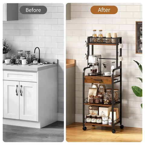 Before and after image of Top Shelf Five Tier Coffee Station Cart With Slick Rolling Wheels And Ample Cabinet Space Plus Sturdy Mounts.