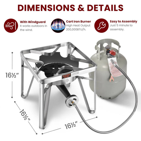 Heavy Duty 200000 BTU Propane Burner Stainless Steel Outdoor Stove with hose and regulator dimensions shown