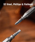 Rock Solid Premium Titanium Mini Screwdriver Featuring Super Magnetic Replaceable Bits And Rapid Phillips Flathead Swaps For Trustworthy Daily Use Everywhere with S2 steel tips shown.