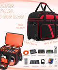 Rolling DJ Gear Bag With Wheels For Equipment, fits 15.6 inch laptop, shown with padded dividers and multiple pockets.