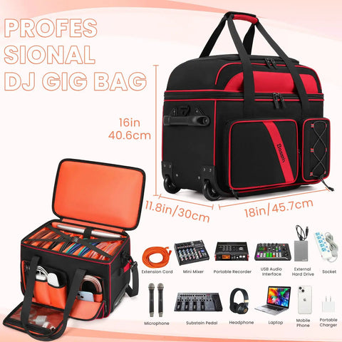 Rolling DJ Gear Bag With Wheels For Equipment, fits 15.6 inch laptop, shown with padded dividers and multiple pockets.