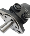 Heavy Duty Hydraulic Motor MF141210AAAB Direct Swap For TRW Ross Steering Gears, black metal with silver shaft, side view.