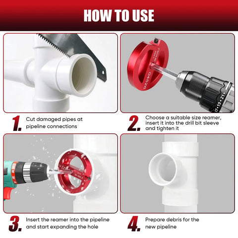 Steps showing how to use the 6 Piece PVC Pipe Reamer Set With Carbide Cutting Blades And Aluminum Cutter Heads For PVC CPVC ABS