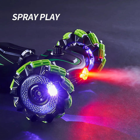 Close-up of 4WD Gesture Sensor RC Car With Hand Control And 2.4G Remote showing LED lights and spray play feature