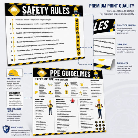 PPE Safety Posters Two Pack 17 By 24 Inch Workplace Safety Rules Signage for construction and industrial sites OSHA compliant