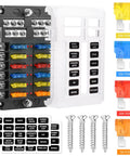 Rugged 12 Way 12V Fuse Box With LED Indicator Waterproof Cover And Ground Bus, includes labels and extra fuses, front view