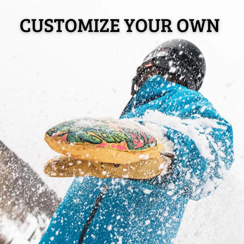 Premium Leather Work And Ski Mitt With Nikwax Waterproof Wax, Large size, golden suede pigskin in snowy weather.