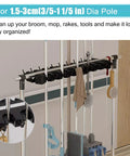 Heavy Duty Mop And Broom Organizer Cart Stand For Garage And Shop with 20 Pole Clips holding mops, brooms, and cleaning tools.