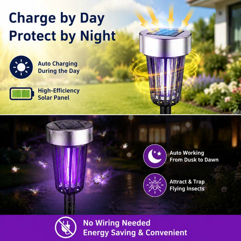 Solar Powered Outdoor Bug Zapper Beast Mosquito Trap For Yard And Garden With Purple And White Lights, Auto On At Dusk