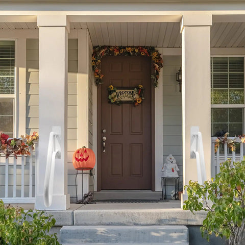 Rock Solid Outdoor Handicap Grab Bar For Steps Heavy Duty Wall Mount Handrail With Smooth Matte Finish and Super Secure Non Slip Grip Support For Garage Stairs Railing Install near a welcoming porch entrance.