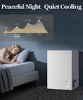 Kick Back And Chill On This 3.2 Cubic Feet Chest Freezer With Rapid Cooling And A Removable Basket for quiet operation near a bed.