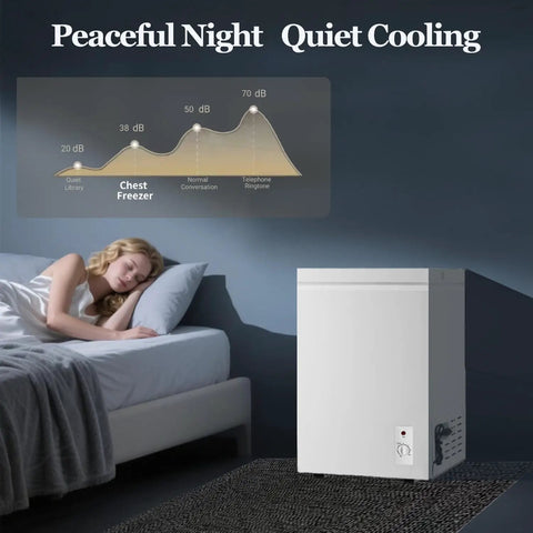 Kick Back And Chill On This 3.2 Cubic Feet Chest Freezer With Rapid Cooling And A Removable Basket for quiet operation near a bed.
