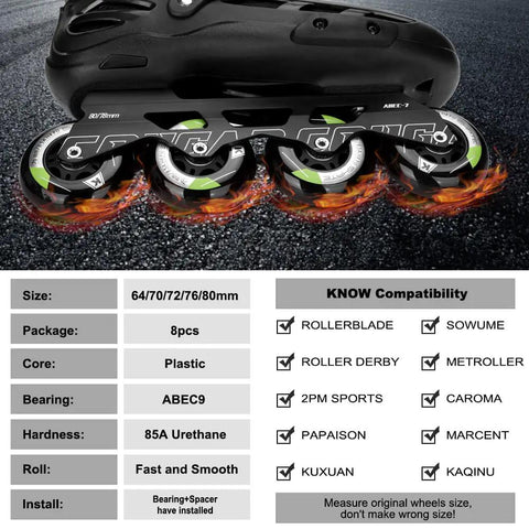 8 Pack Inline Skate Wheels Replacement Set In 72mm 76mm And 80mm Sizes With ABEC9 Bearings for Rollerblades and K2, 85A Hardness