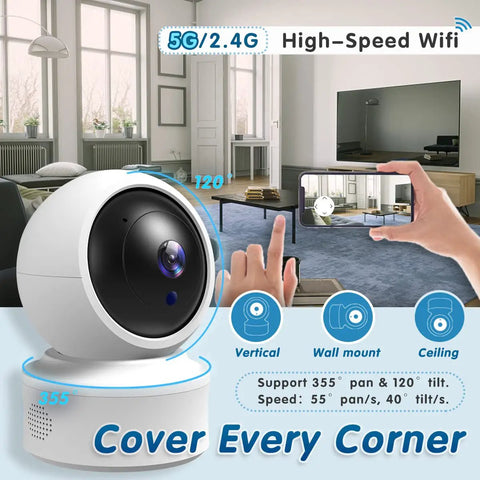 2K HD Pan Tilt Indoor Wireless Pet Camera for Baby Monitor showing 355°/120° tilt, 5G/2.4G WiFi compatibility, living room setup