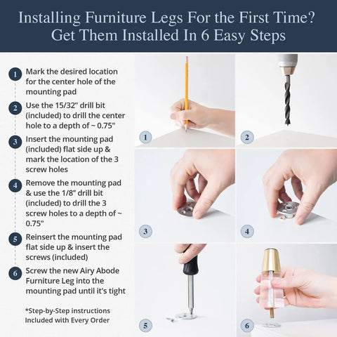 Installation steps for Gold Cap Clear Acrylic Furniture Legs Set Of 4 featuring tools and process in six visual guides.
