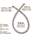 24-inch water supply line for LED Temperature Sensing Bathroom Faucet With Color Changing LED Brushed Nickel Finish Sleek Waterfall Style Single Hole Vanity Faucet With Side Handle Dope Look Includes Metal Pop Up Drain And Two Water Supply Lines