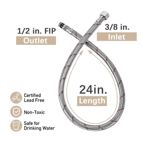 24-inch water supply line for LED Temperature Sensing Bathroom Faucet With Color Changing LED Brushed Nickel Finish Sleek Waterfall Style Single Hole Vanity Faucet With Side Handle Dope Look Includes Metal Pop Up Drain And Two Water Supply Lines