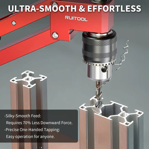 Close-up of Desktop Tapping Arm With 90 Degree Vertical Tap Guide Jig For Aluminum Extrusions M2 To M10 in action