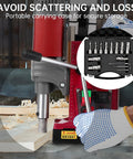 Heavy Duty Magnetic Drill Press 1450W Motor shown with tool bits in case for secure storage and precision drilling on wood.
