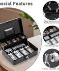 Locking Cash Box With Key Lock And Cash Tray Heavy Duty Steel Money Safe Box showing compartments and lock details