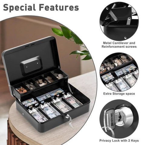 Locking Cash Box With Key Lock And Cash Tray Heavy Duty Steel Money Safe Box showing compartments and lock details