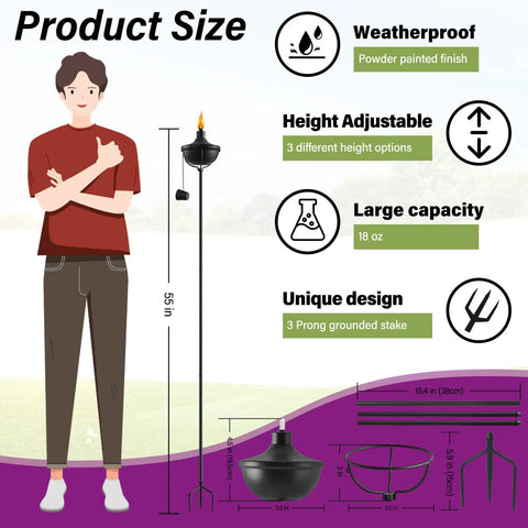 Diagram showing Six Pack 24 Oz Outdoor Garden Torch Set With 55 Inch Citronella Metal Torches And 3 Prong Grounded Stakes dimensions.